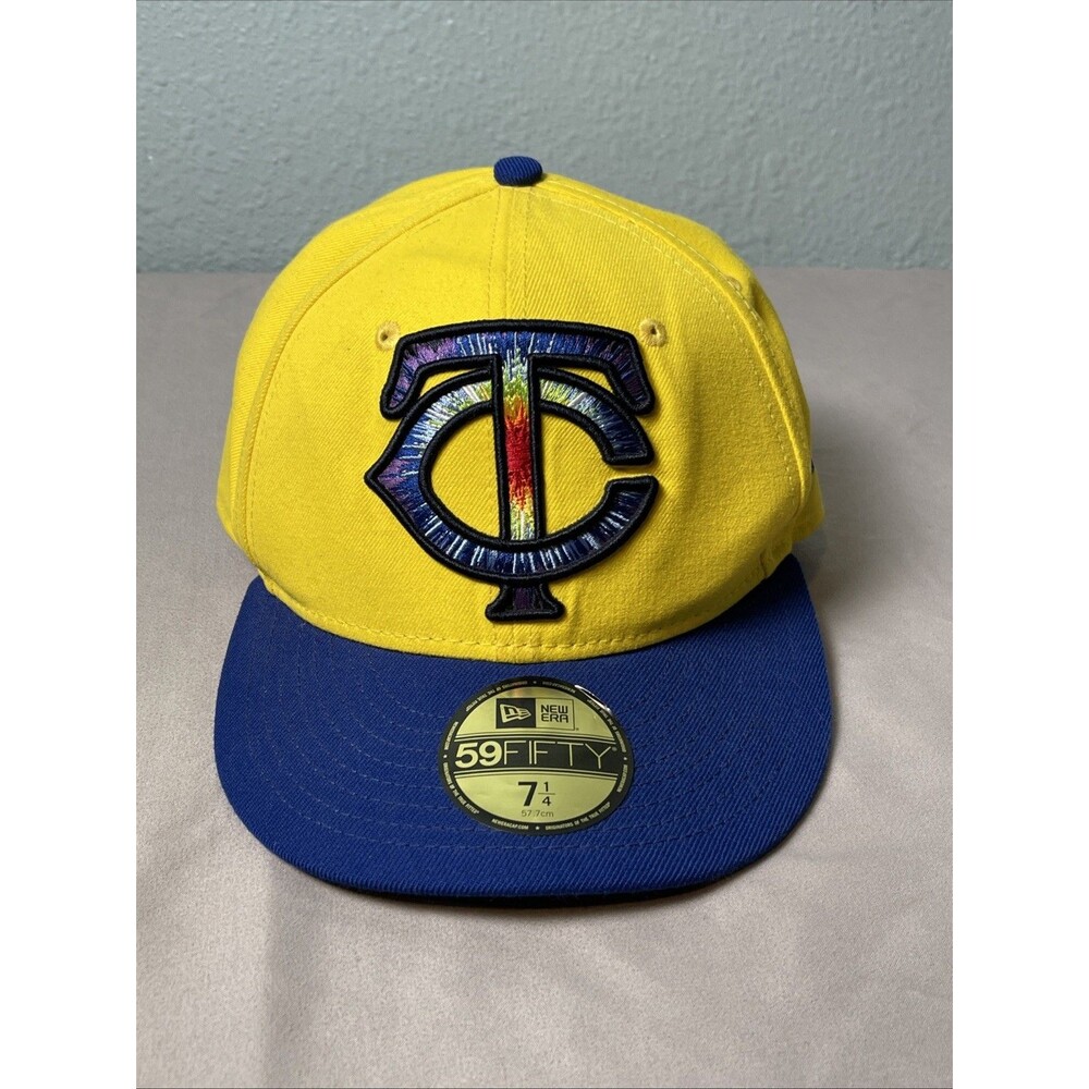 Rare New Era Minnesota Twins Yellow Blue 59Fifty Sunburst Logo Fitted Cap 7 1/4